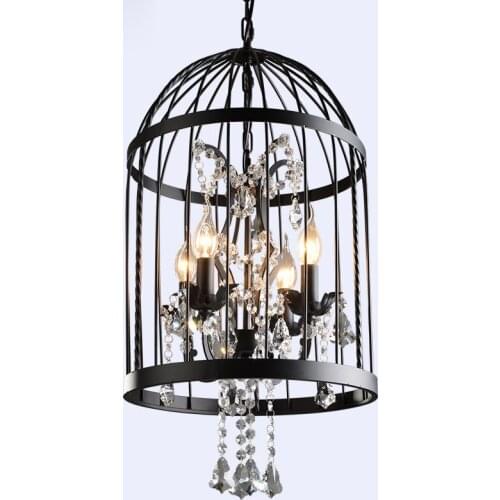 Retro Lamparas Black Decor American Vintage Industrial Bird Cage Pendant Light With Crystal Ornaments Nordic Birdcage 35/45cm XU