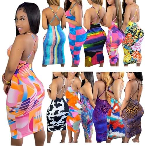 Sexy Sling Backless Knee Dress Summer Spaghetti Strap Boydcon Short Dress Women Sleeveless Boho Sundresses Plus Size Dress S-3XL