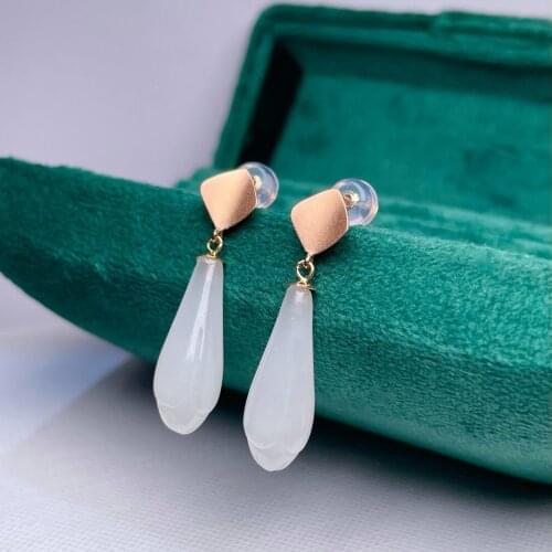 SHILOVEM 18k yellow gold real Natural white Jasper drop earring classic fine Jewelry women wedding gift 8*19mm myme0819552hby