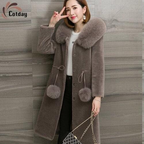 Cotday Thick Fox Fur Sheep Shearing Coat Women Korea Style 2021 Winter Warm Luxurious Fox Fur Collar Medium Length Fur Coat