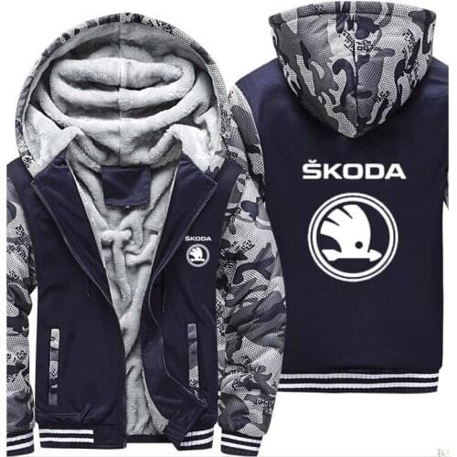 Hoodies Men Skoda Car Logo Print Jacket Mens Hoodies Winter Thicken Warm Fleece cotton Zipper Camouflage Raglan Mens Coat Jacket