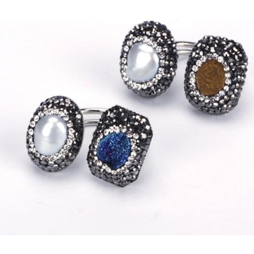 Dankaishi Boho Jewelry Men Rings Women Two Sides Stone and Pearl Charm Paved with Rhinestone Crystal Luxury Accessories Original