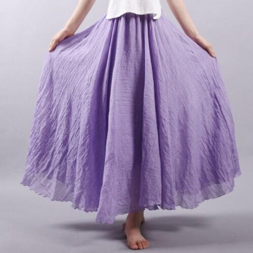 Women Cotton Linen Skirt Purple Long High Waist Large Size Elastic A Line Girls Skirts Pleated Solid Color Ethnic Vintage Hot