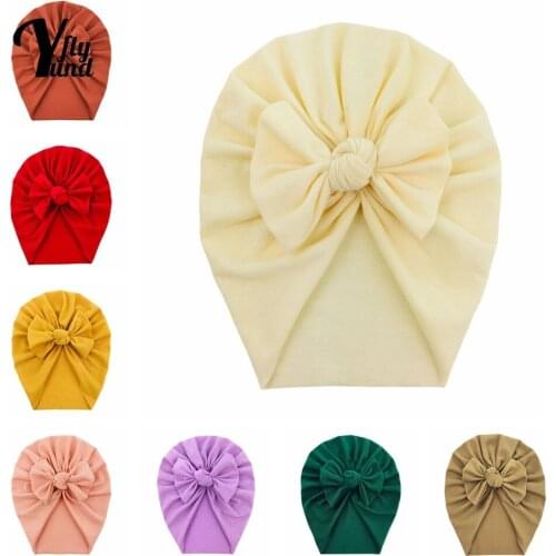 Yundfly 4.5 Inches Solid Color Handmade Bowknot Toddler Caps Soft Comfortable Knitting Cotton Baby Turban Hat Infant Headwear
