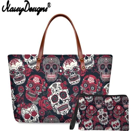 Noisydesigns 2pcs Women Handbag And Purse Mexicon Sugar Skull Pattern Print Casual Ladies Totes With Clutch Sac a Main Gifts