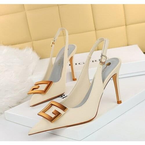 Womens Metal G Letter Back Strap Pumps 9.5cm White Ladies Hollow Out High Heels Green Elegant Slingback Sexy Summer Shoes