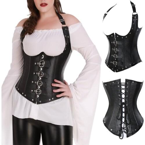 Women Plus Size Sexy Steampunk Gothic Faux Leather Corset and Bustiers Steel Boned Sexy Corset Minceur Overbust Lace Up