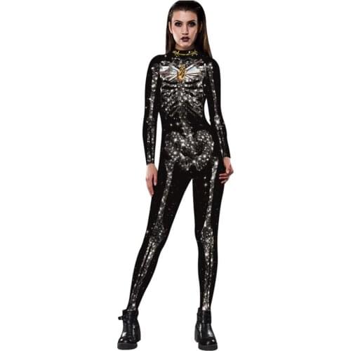 New Rose Skeleton Costume Jumpsuit 3D Print Scary Halloween Costumes For Women Mechanical Skull Bodysuit