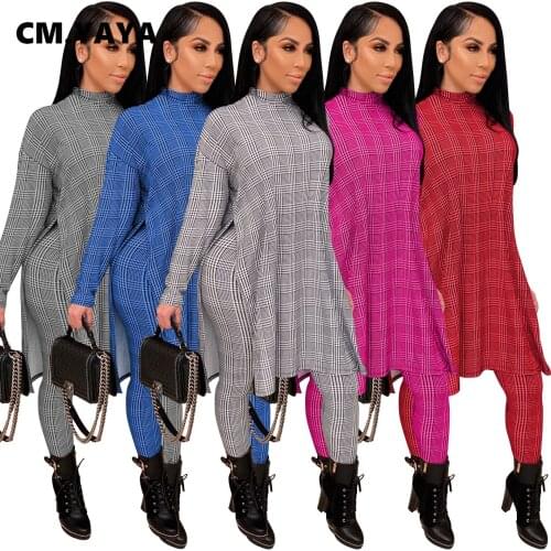 CM.YAYA Active Houndstooth Sweatsuit Womens Set Long Tops Legging Pants Suit Streetwear Tracksuit Two Piece Set Fitness Outfit