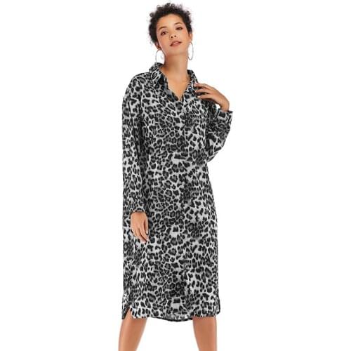 Women Leopard Print Long Sleeve Button Mid Dress 2021 Autumn Casual Turn Down Collor Loosen Dress Elegant Side Slit Streetwear
