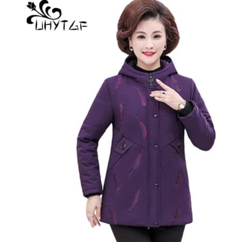UHYTGF Middle-Aged Mother Winter Jacket Women Plus Velvet Thick Loose 5XL Large Size Cotton Coat Hooded Warm Parker Outwear 1463