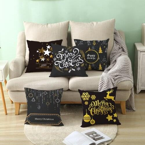 Merry Christmas Cushion Cover Black Golden Christmas Pillowcase Home Decoration Xmas Gift Happy 2022 New Year Pillow Cover 1pc