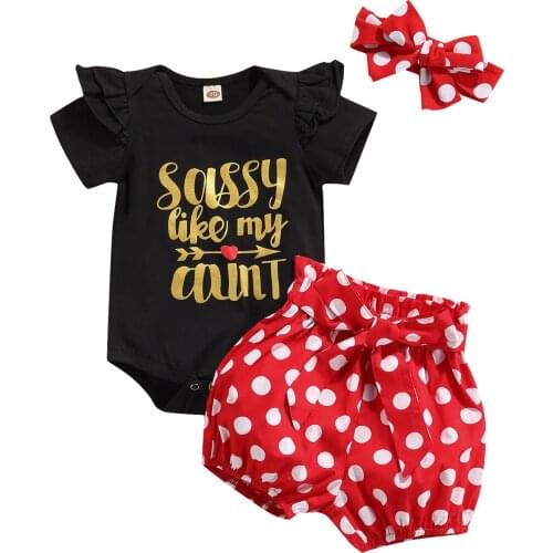 0-18M Cute Newborn Baby Girl Short Sleeve Cotton Bodysuit Tops Polka Dot Shorts Pant Headband 3PCS Baby Clothing Set
