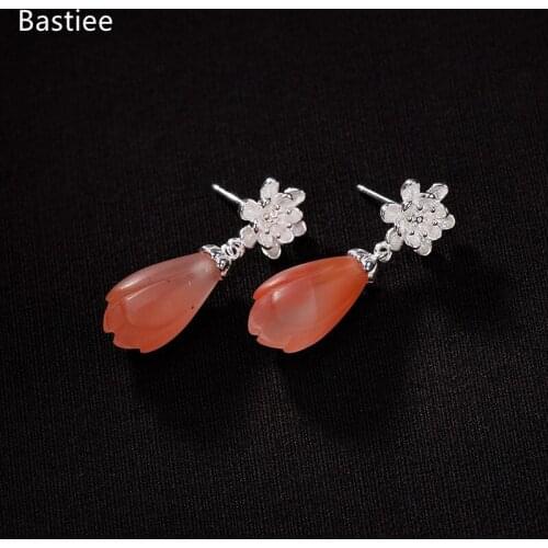 Bastiee Magnolia Flower Earrings For Women Vintage Silver 925 Jewelry Korean Earrings Red Agate Dangle Earrings Silver Earrings