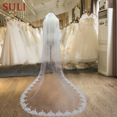 K0802 White One-Layer Tulle Lace Edge Long Beautiful Bridal Veil