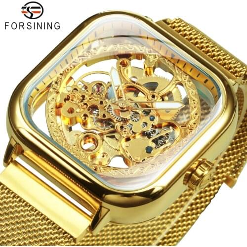 Forsining Watches Mens 2020 Top Brand Luxury Automatic Mechanical Watch for Men Gold Transparent Mesh Steel Wristwatch Skeleton