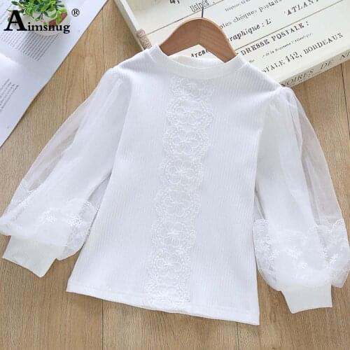 Children Sweet Princess T-shirt Baby Girls Lace Flower Shirt Lantern sleeve Autumn Knitted Top Pullovers Kids Clothing 2021