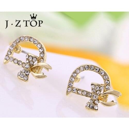 JZTOP Luxury Crystal D Shape Stud Earrings Woman Fine Rhinestone Bow Knot Geometric Earring Lady Gold Color Wedding Jewelry