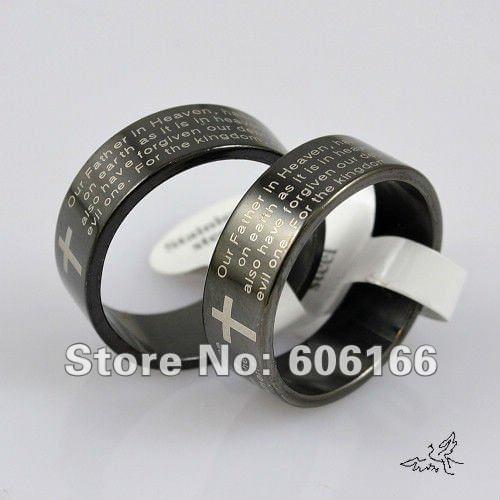 NEW English Bible Lords Prayer Cross Ring Black Stainless Steel Rings Fashion Religious Jewelry