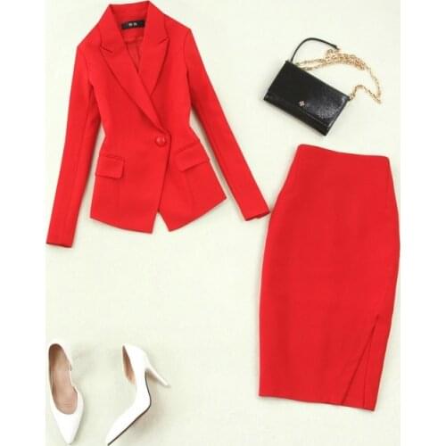 2 piece outfits for women new fashion temperament commuter womens red suit + bag hip split skirt OL wind two-piece