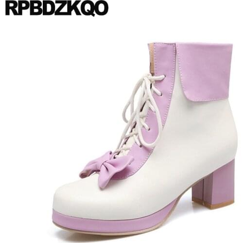 Candy Big Size Lolita Black And White Women Ankle Boots Medium Heel Round Toe Purple Japanese Booties Kawaii Bow Lace Up Chunky