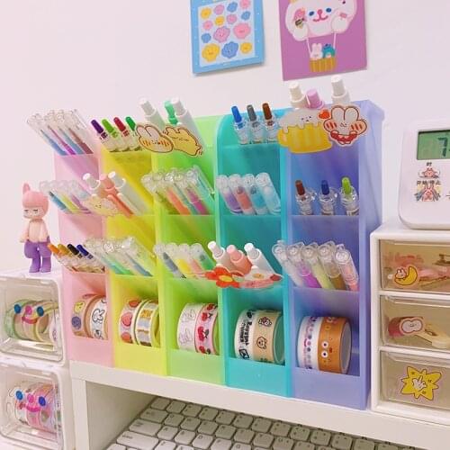 4 Grid Frosted Oblique Pen Holder Macaron Color Pens Brushes Lipsticks Makeups Storage Box Desktop Stationery Pencil Case