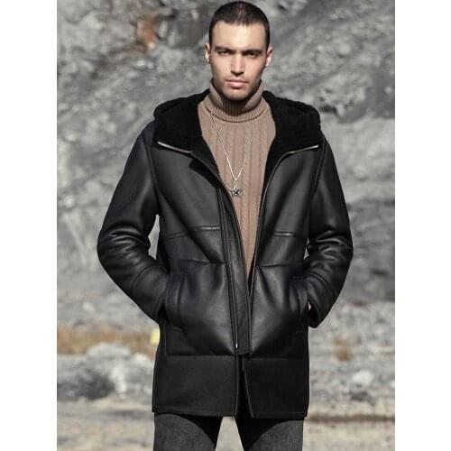 2020 New Mens Shearling Jacket Hooded Long Trench Coat Black Leather Overcoat Winter Fur Outerwear