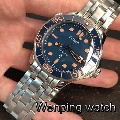 Bliger 41mm Silver Case Sapphire Glass Ceramic Bezel Blue Dial Date Luminous Mens Top Luxury Automatic Watch