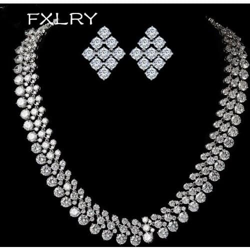 FXLRY New Luxurious Europe Style White Color AAA Zircon Geometric Earrings And Chain Necklaces Wedding Jewelry Sets