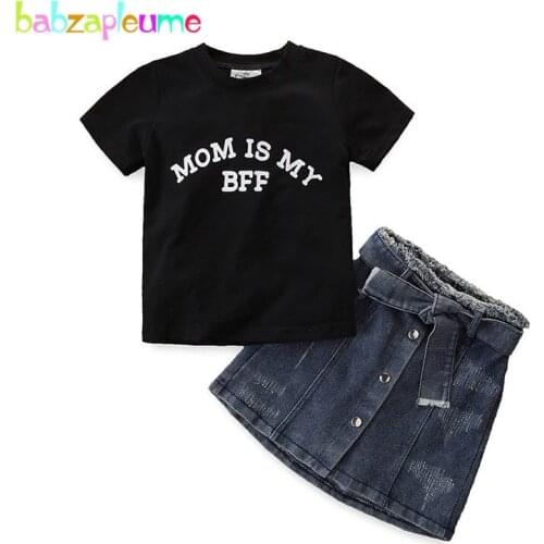 New Summer Baby Clothing Set Toddler Outfits Little Girl Clothes Fashion Letter Cotton Black T-shirt+Children Denim Skirt BC1857