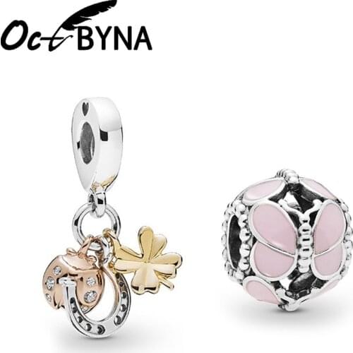 Octbyna Insect Ladybug&Pink Butterfly Beads Pendant Fits Pandora Bracelet Necklace For Women Jewelry Making Gift Dropshipping