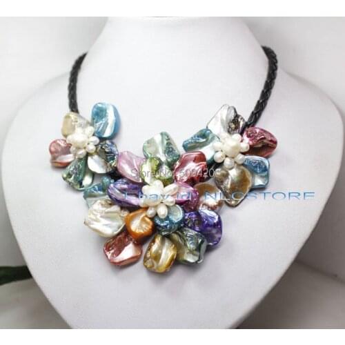 Free Shipping >>>>>pretty mix color mother of pearl shell weave flower necklace 18" fashion jewelry