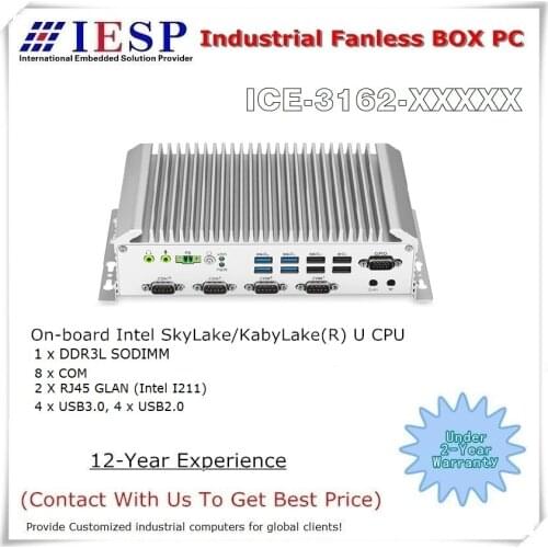 Industrial Fanless Box PC, 10*COM, 8*USB, 2*I211 GLAN, Core i3-5005U, 8GB RAM, 256GB SSD, Rugged l computer