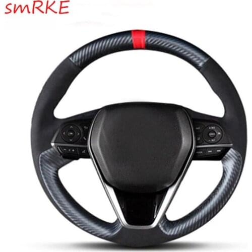 Hand Sewing Carbon Fiber Black Suede Steering Wheel Decoration Cover For 2018 Toyota Camry 8th MK8