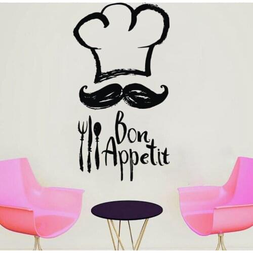 Chef Mustache Kitchen Vinyl Sticker Cooking Tall Chef Quotes Bon Appetit Wall Decal Room Decoration Waterproof K48