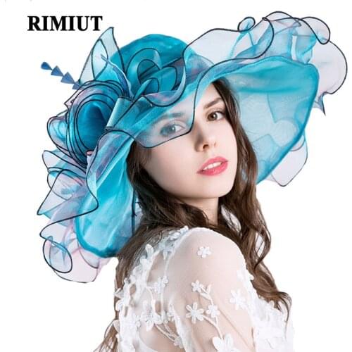 Rimiut women Floral Sun Hat Organza Mesh sun Hat Wide Brim Cap Wedding Party Hats Summer Beach Sun Protection Caps For women