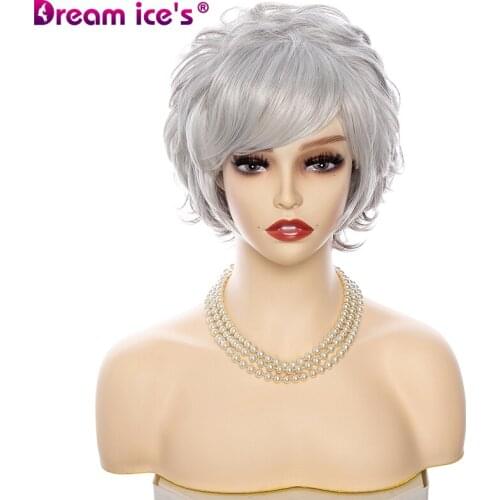 8” Short Synthetic Wig Bangs Deep Root White Light Gray High Density Natural Headpiece Heat Resistant Hair Womens Curved Wig