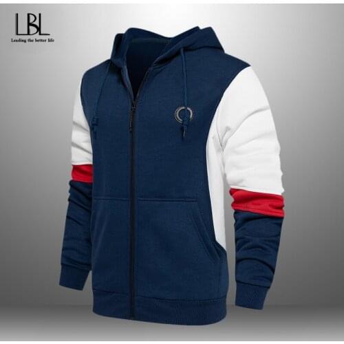 Mens Patchwork Hoodies Autumn Winter Hooded Sweatshirts Male Fashion Zipper Hoody Hip Hop Streetwear Brand Tops 4XL High Quality