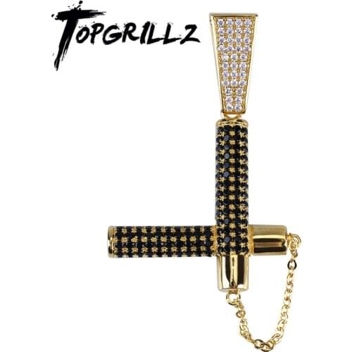 TOPGRILLZ HipHop Copper Gold Silver Color Iced Out Micro Pave AAA CZ Nunchaku Ninja Pendant Necklace Charm For Men Women Gift