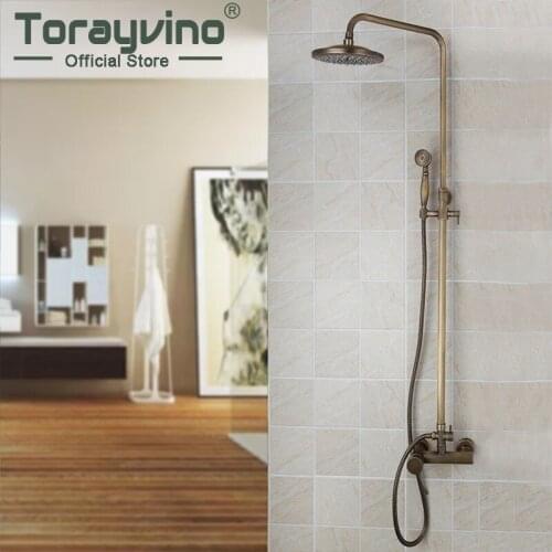 Torayvino Luxury Bathroom Rainfall Shower head Antique Brasas Wall Mouned Swivel Panel Mixer Taps Shower Faucets Set Faucet