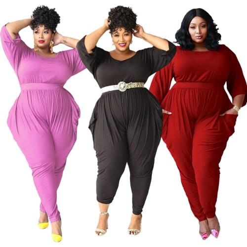 Comfortable Home wear Women Solid Jumpsuits 2020 Autumn New Lady O-neck Long Sleeve Half Sleeve Draped Plus Size L-5XL Rompers