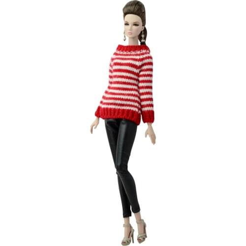 1 Pcs High Quality Doll Knitted Sweater Long Sleeve Coat Red Stripe Dress Clothes Accessories For Barbie Doll Toys