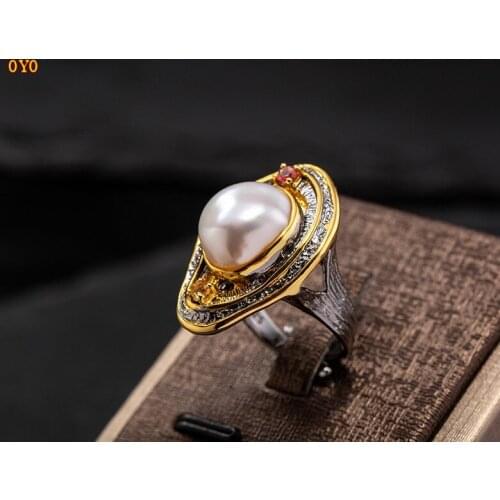 Jewelry Accessories Inlaid Handmade Original Design 925 Silver Baroque Pearl Ring
