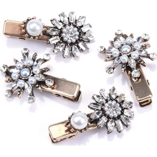 4pcs/set Rhinestone Flower Hair Clip Women Za Imitation Pearl Hairpins Shiny Crystal Long Barrettes Alloy Head Wear Jewelry