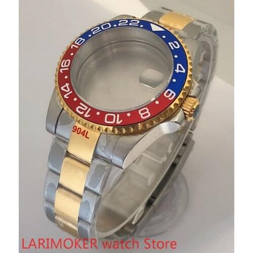 Sealed back 40mm sapphire glass with 904L stainless steel gold bracelet with ETA NH36 MH35 cases bezel blue red
