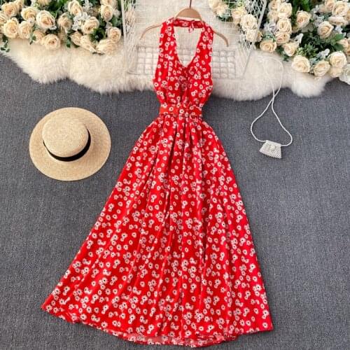 Womens Spring Summer Runway Fashion Halter Neck Backless Flower Print Dress Female ChicTravel Beach Party Dress TB1895