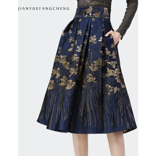 Fashion Golden Floral Embroidery Skirt Autumn Winter Women New High Waist A-Line Plus Size Pleated Long Skirts Vintage Elegant
