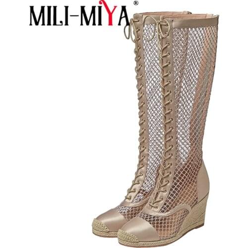 MILI-MIYA 2021 Summer Women Cool Knee High Boot Fashion Lace Up Round Toe Platform Wedge Sandals New Brand Hollow Out Shoes