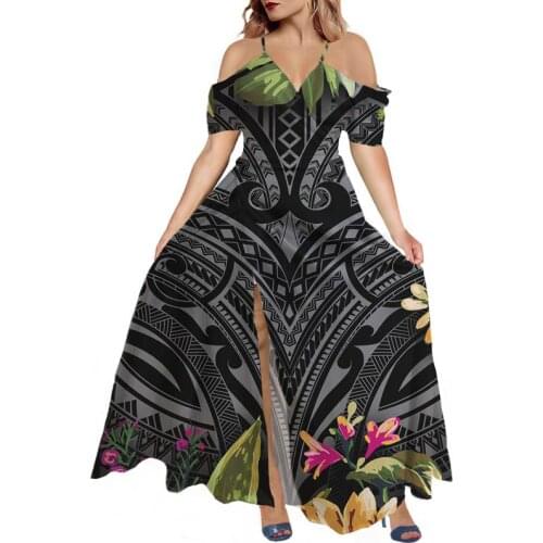Hycool Polynesian Black Stripe Floral Dresses Women Party Ruffle Split Maxi Prom Dresses Summer Cold Shoulder Beach Wear Dresses