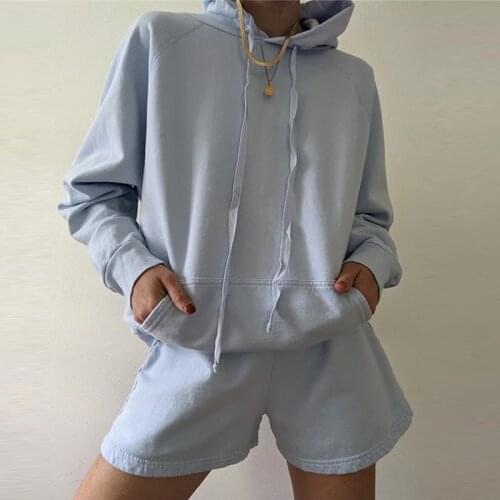 Gray Lace Up Hat Long Sleeve Women Shorts Sets Basic Casual All Match Loose Set Woman 2 Pieces 2021 Autumn Womens Clothing